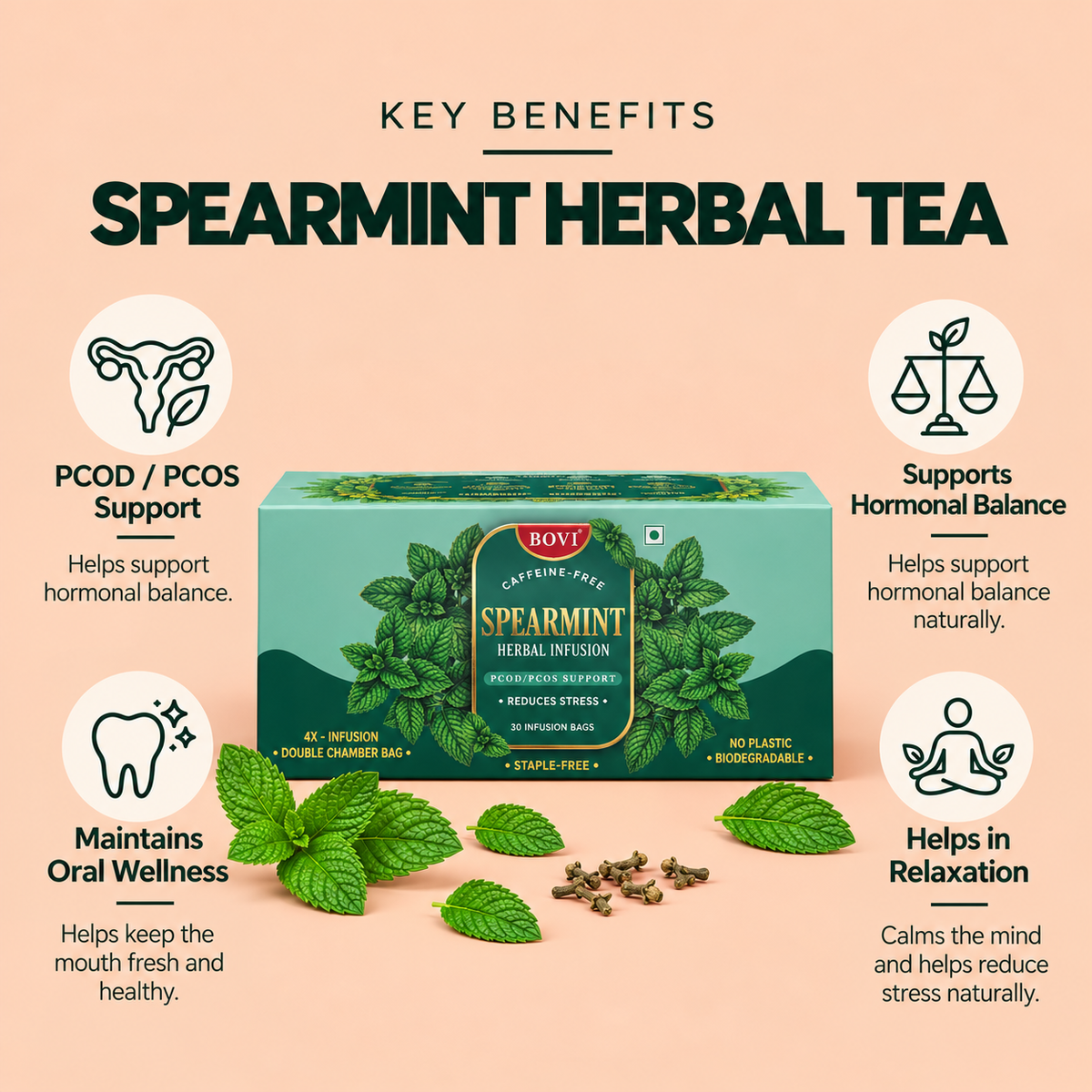 BOVI Spearmint Herbal Tea, 30 Infusion Bags