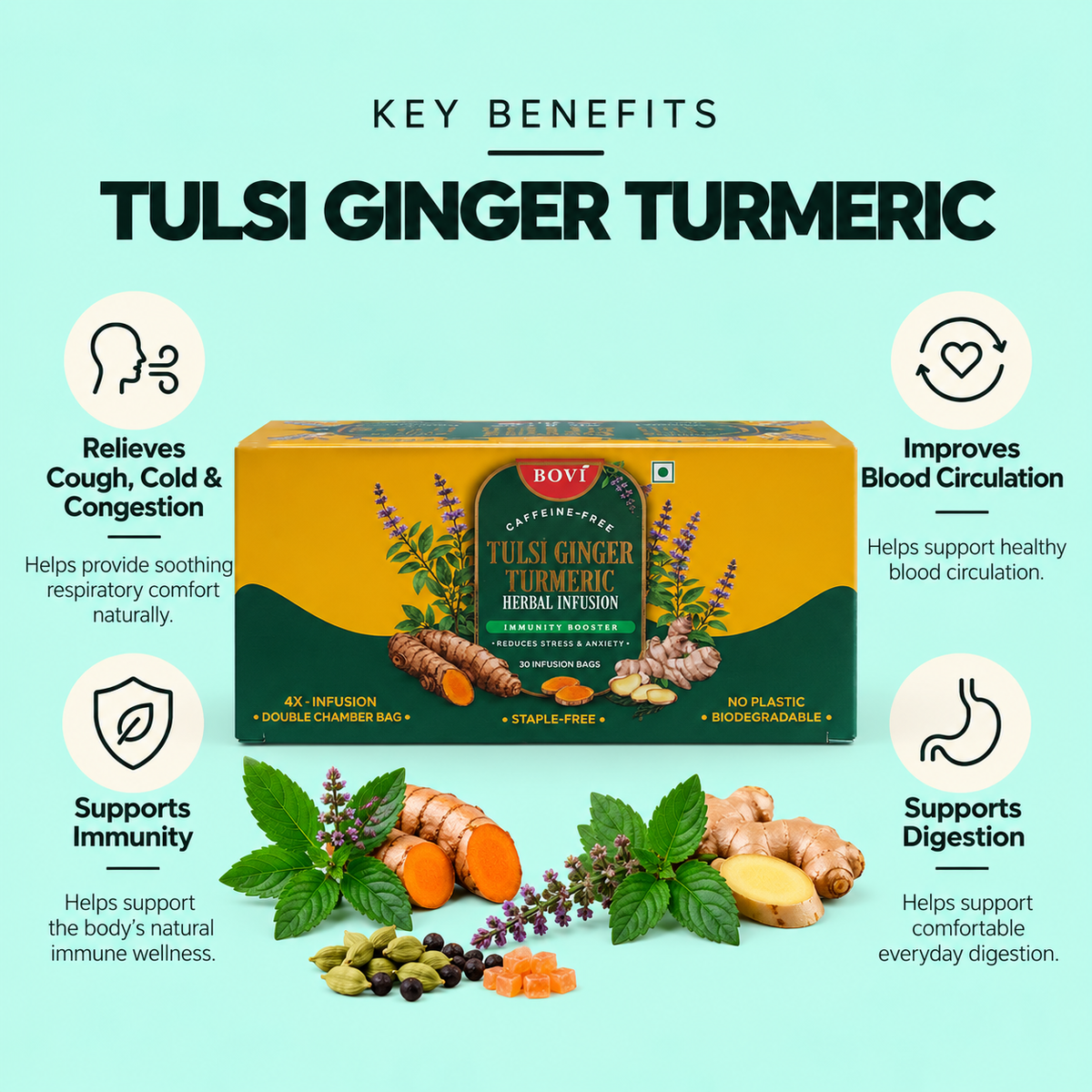 BOVI Tulsi Ginger Turmeric Herbal Tea, 30 Bags