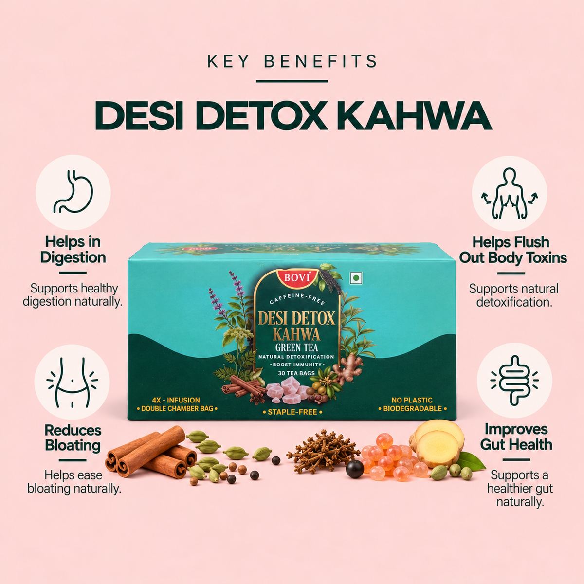 BOVI Desi Detox Kahwa Green Tea, 30 Bags