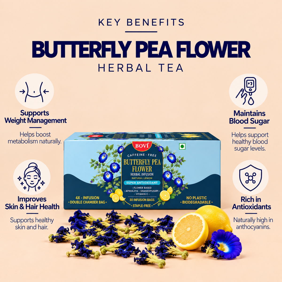 BOVI Butterfly Pea Flower with Vitamin C Tea Bags, 30 Infusion