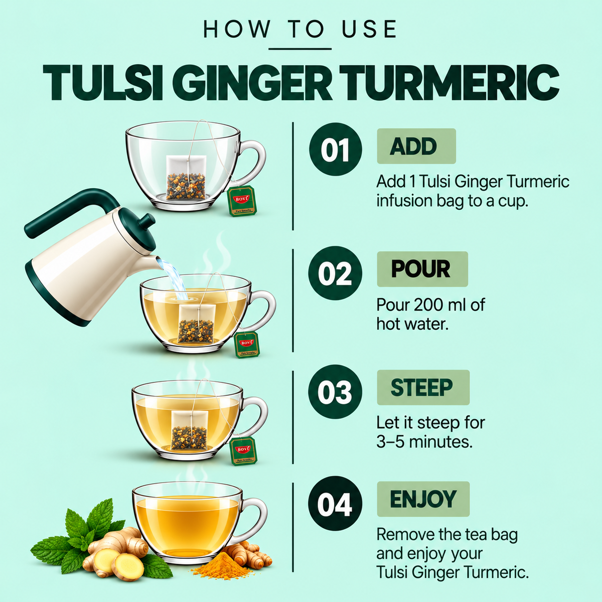 BOVI Tulsi Ginger Turmeric Herbal Tea, 30 Bags