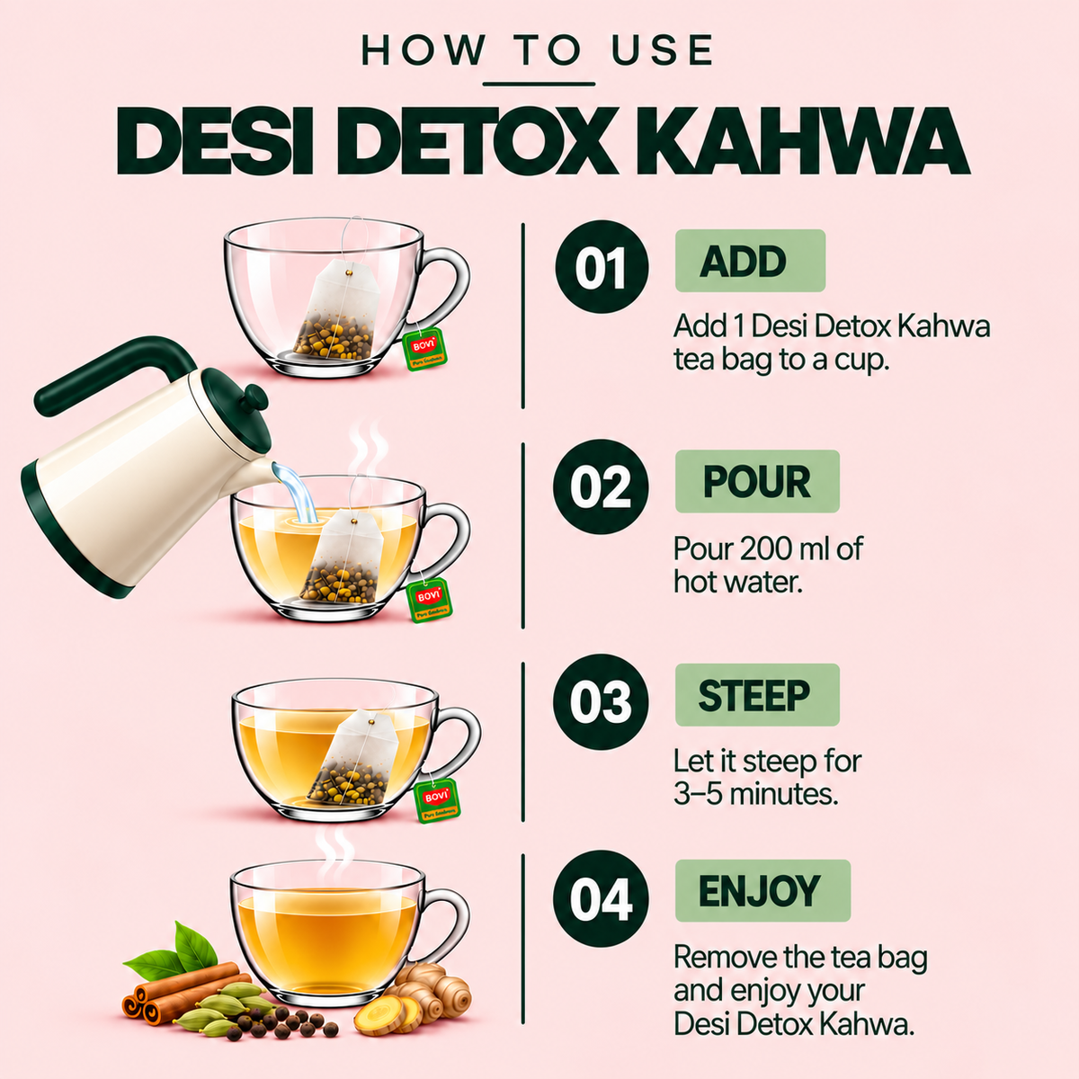 BOVI Desi Detox Kahwa Green Tea, 30 Bags
