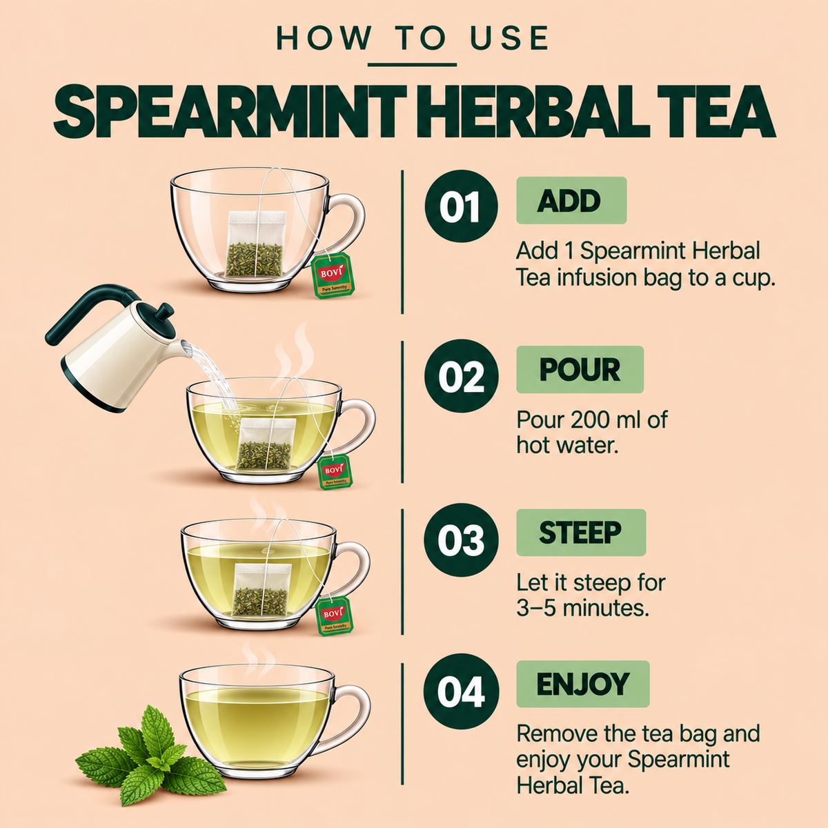 BOVI Spearmint Herbal Tea, 30 Infusion Bags