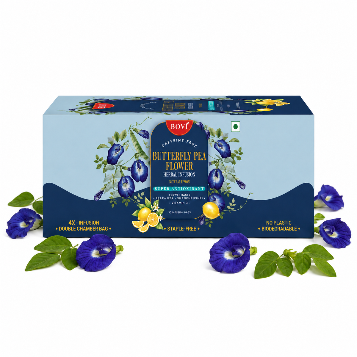 BOVI Butterfly Pea Flower with Vitamin C Tea Bags, 30 Infusion