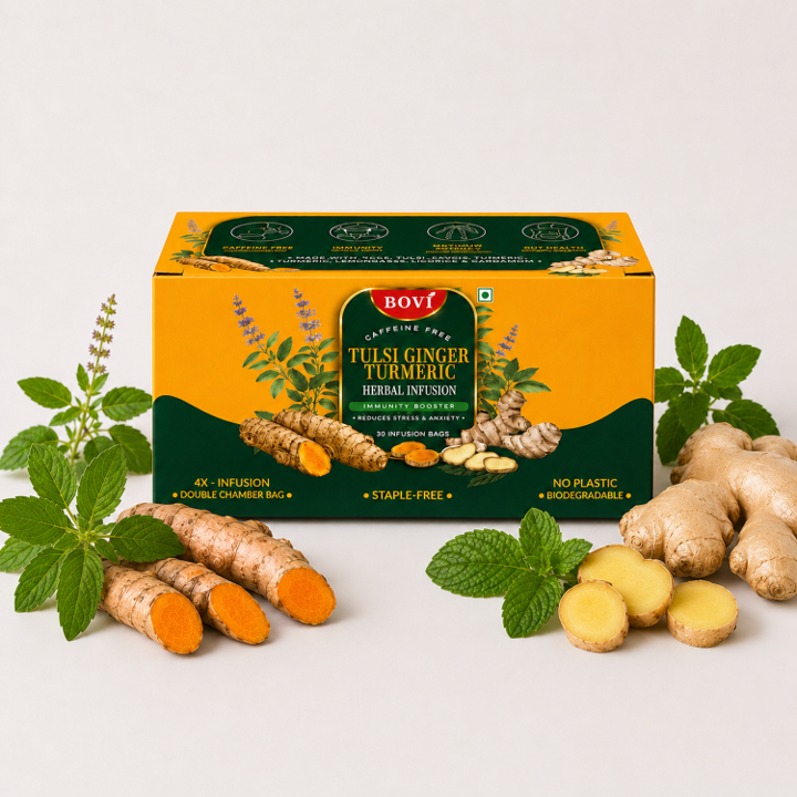 BOVI Tulsi Ginger Turmeric Herbal Tea, 30 Bags