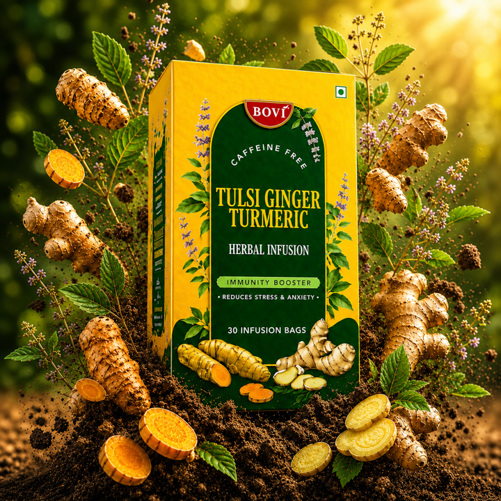 BOVI Tulsi Ginger Turmeric Herbal Tea, 30 Bags